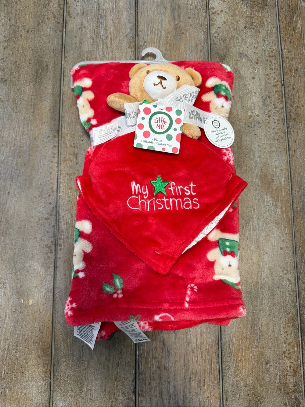 Little Me Red Plush Holiday Baby Blanket with Brown Bear